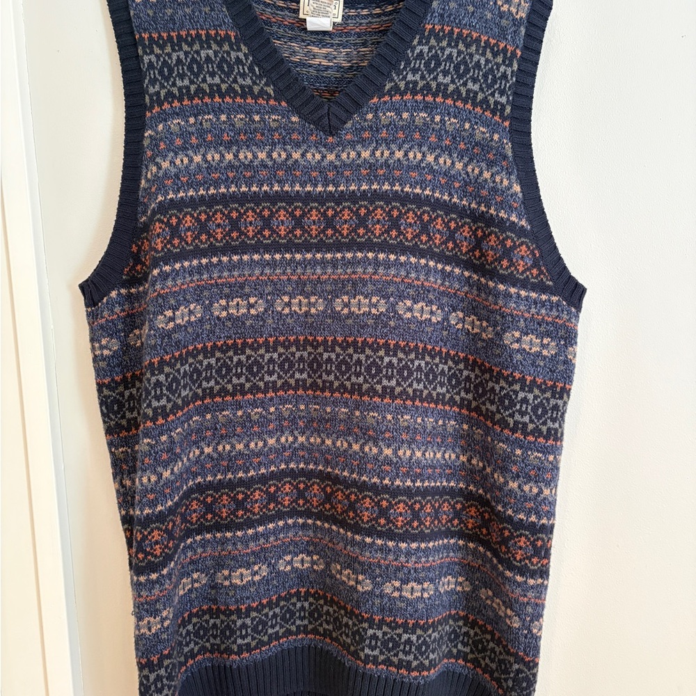 L.L. Bean VINTAGE 100% Cotton Patterned V-Neck Sweater Vest xL TALL